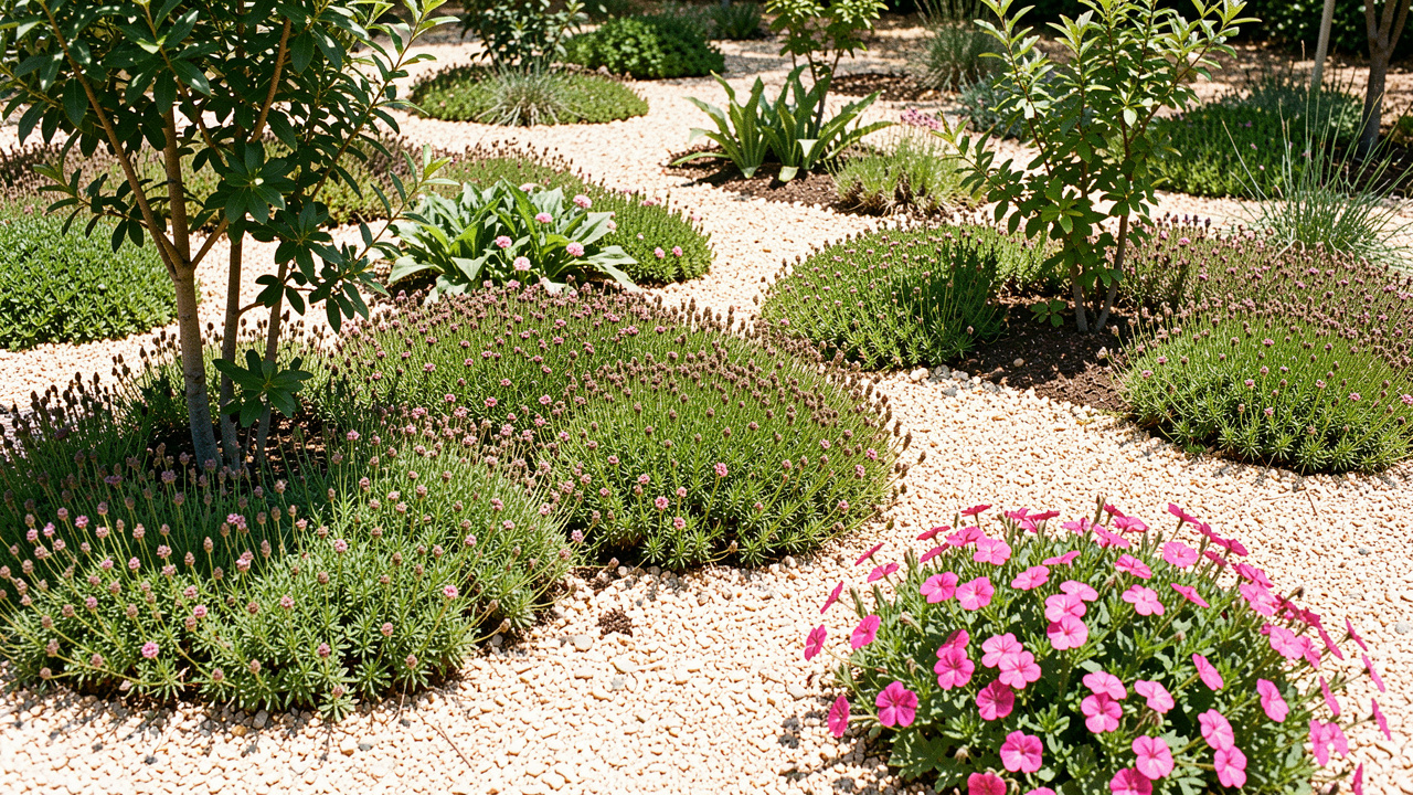 Jardin écologique sec avec tapis de thym serpolet, sedums et géraniums couvre-sol autour de jeunes arbustes, éclairé par une lumière estivale naturelle.