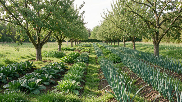 Jardin-forêt comestible en France avec des arbres fruitiers espacés et des rangées de chou de Daubenton, de roquette vivace et de poireaux perpétuels sous une douce lumière printanière.