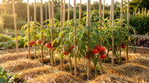 Potager en permaculture baigné de soleil, avec un rang de tomates tuteurées aux feuillages sains et aux fruits rouges, plantées dans un sol couvert de paille.