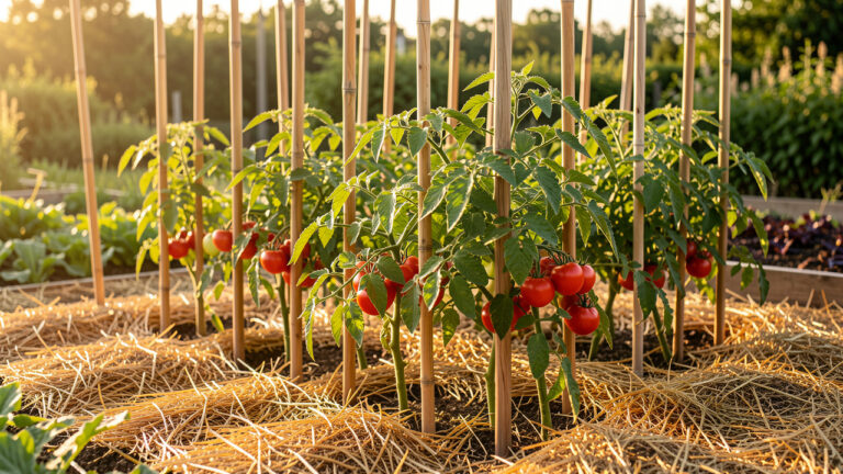Potager en permaculture baigné de soleil, avec un rang de tomates tuteurées aux feuillages sains et aux fruits rouges, plantées dans un sol couvert de paille.