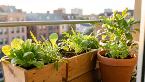 Balcon urbain lumineux en septembre avec plusieurs jardinières de laitues, de roquette et de mâche dans une ambiance naturelle.