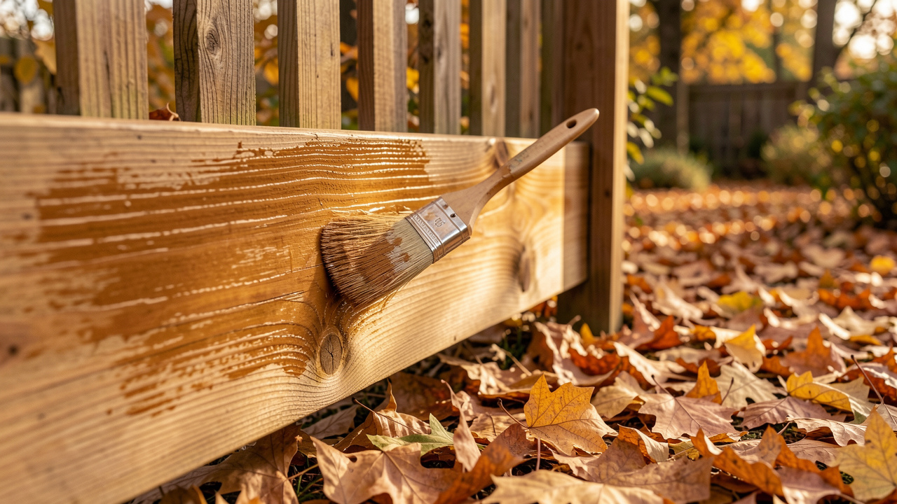Claustra en bois naturel dans un jardin d’automne, avec un pinceau appliquant un saturateur écologique sur le bois, entouré de feuilles dorées au sol sous une lumière douce.