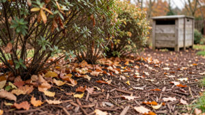 Jardin d’automne naturel avec des feuilles mortes au pied d’arbustes, du paillage brun et un composteur en bois en arrière-plan.