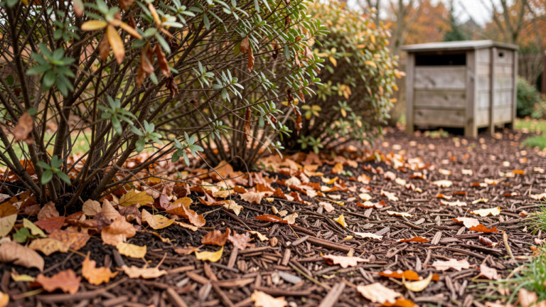 Jardin d’automne naturel avec des feuilles mortes au pied d’arbustes, du paillage brun et un composteur en bois en arrière-plan.