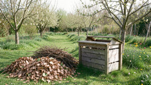Jardin familial français au printemps avec des tas de feuilles et de petites branches triés près d’un composteur en bois, dans une ambiance naturelle et paisible.