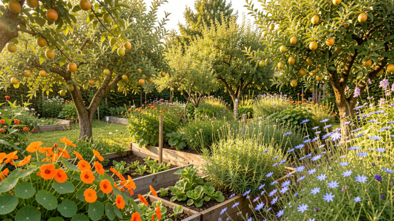 Jardin nourricier français lumineux avec arbres fruitiers, carrés de légumes, capucines orange, bourrache bleue et herbes aromatiques fleuries.