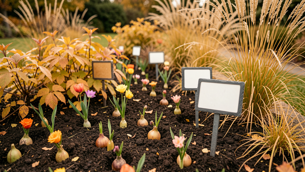 Massif de jardin en automne avec des bulbes en cours de plantation, des feuillages dorés et des étiquettes vierges en ardoise et en métal, baignés par une lumière douce de septembre.