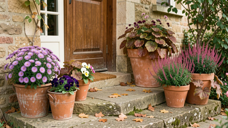 Porche d’entrée français en automne décoré de pots récupérés remplis d’asters violets, de pensées, d’heuchères et de bruyères sous une lumière douce.
