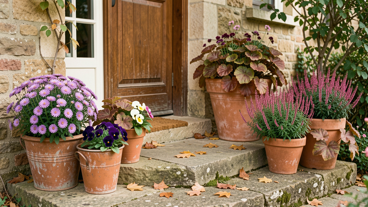 Porche d’entrée français en automne décoré de pots récupérés remplis d’asters violets, de pensées, d’heuchères et de bruyères sous une lumière douce.