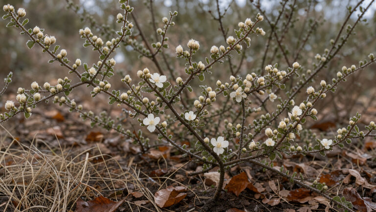 Arbustes à floraison hivernale portant des boutons floraux sur leurs rameaux, dans un jardin naturel avec un paillage de feuilles mortes au pied, sous une lumière douce d’hiver.