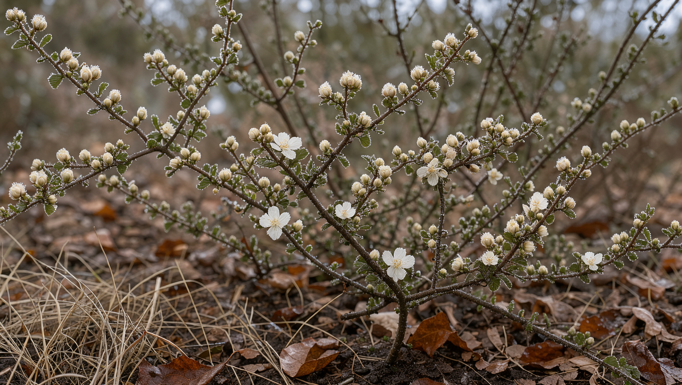 Arbustes à floraison hivernale portant des boutons floraux sur leurs rameaux, dans un jardin naturel avec un paillage de feuilles mortes au pied, sous une lumière douce d’hiver.