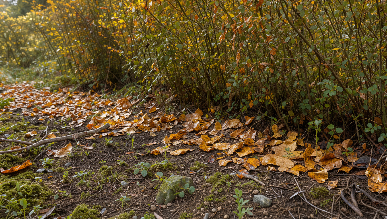 Haie champêtre en automne avec des feuilles dorées au pied des arbustes et un sol vivant visible sous une lumière douce.