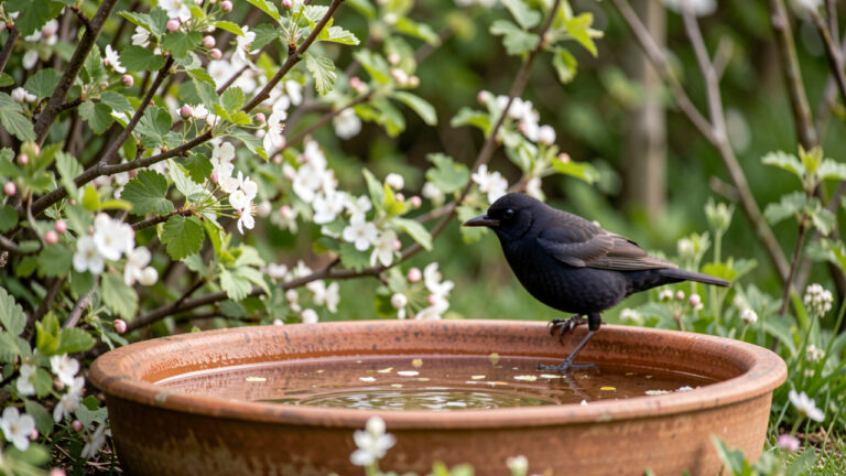 Un merle noir se tient près d’une coupelle d’eau peu profonde dans un jardin naturel français au printemps, entouré d’une haie d’aubépine et de noisetier sous une lumière douce.