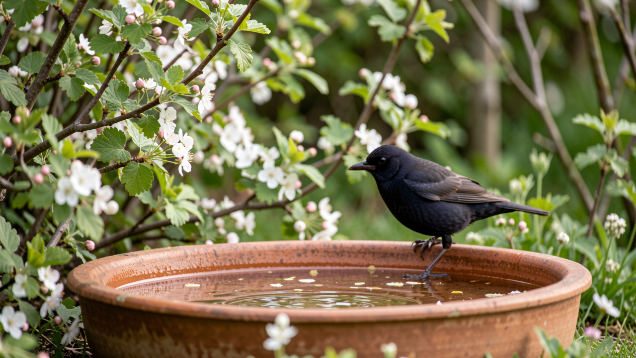 Un merle noir se tient près d’une coupelle d’eau peu profonde dans un jardin naturel français au printemps, entouré d’une haie d’aubépine et de noisetier sous une lumière douce.