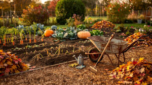 Jardin familial en automne avec un potager partiellement récolté, des feuilles rassemblées, du paillage au sol et des outils posés près d’une brouette, sous une lumière naturelle douce.
