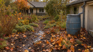 Jardin familial en automne avec un récupérateur d’eau de pluie relié à une gouttière, entouré de massifs paillés de feuilles mortes sous une lumière douce.