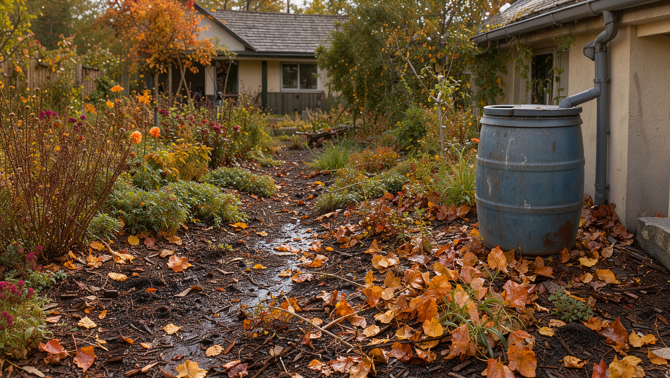 Jardin familial en automne avec un récupérateur d’eau de pluie relié à une gouttière, entouré de massifs paillés de feuilles mortes sous une lumière douce.