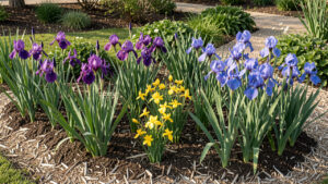 Massif de jardin écologique ensoleillé avec des iris violets d’hiver, des iris nains jaunes et de grands iris barbus bleus, plantés dans un sol bien drainé avec un paillage léger.