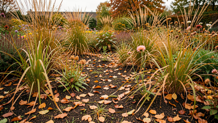 Massif de plantes vivaces en automne après désherbage manuel, avec un sol humide recouvert de feuilles mortes broyées sous une lumière douce.