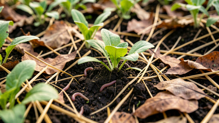 Vue rapprochée d’un potager en permaculture avec de jeunes légumes dans un sol sombre couvert de feuilles mortes et de paille, éclairé par une douce lumière matinale, avec des vers de terre visibles.