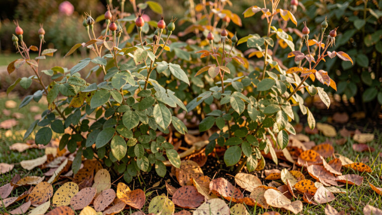 Rosiers en automne dans un jardin naturel, éclairés par une lumière douce de fin de journée, avec des feuilles saines et des feuilles tachées au pied.