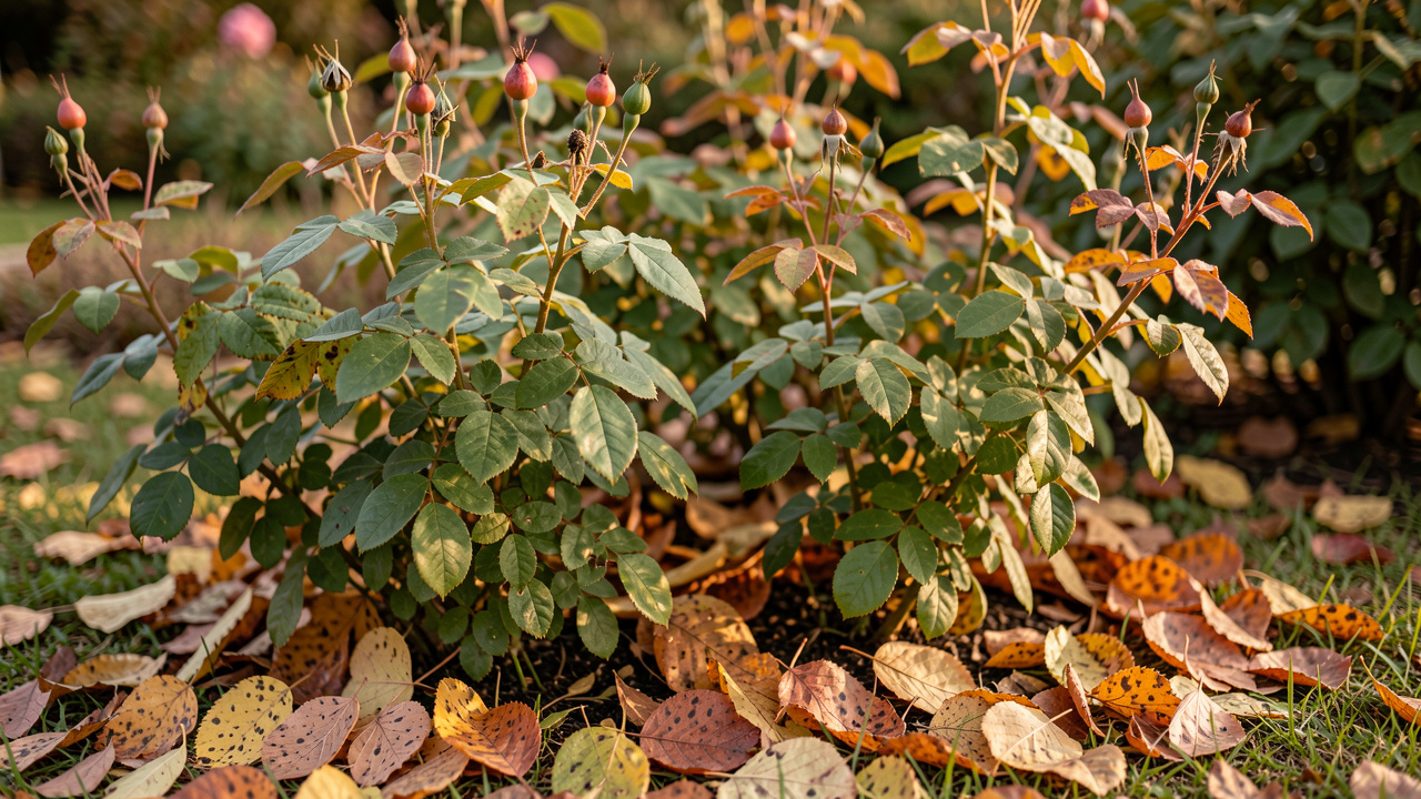Rosiers en automne dans un jardin naturel, éclairés par une lumière douce de fin de journée, avec des feuilles saines et des feuilles tachées au pied.